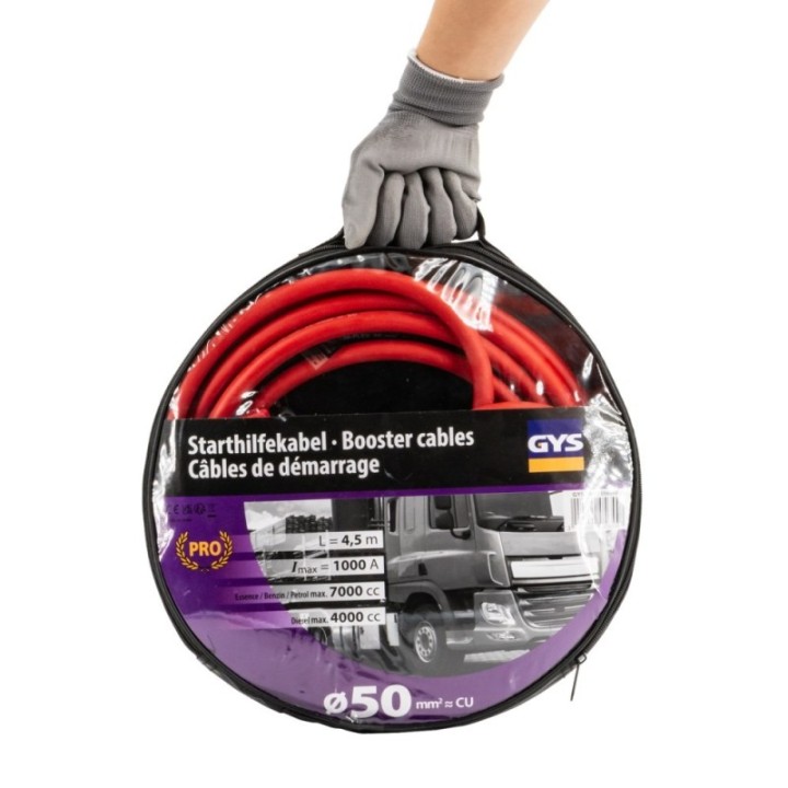GYS – Καλώδια εκκίνησης μπαταρίας 1000 A, 4,5 m, 50 mm², μονωμένες τσιμπίδες