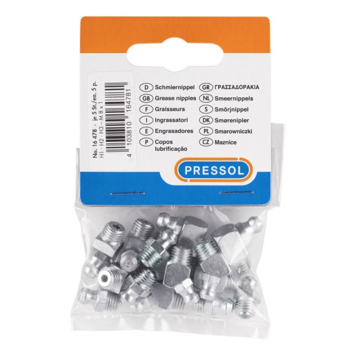 PRESSOL Γρασαδοράκια H1-H2-H3 M8x1 SW9 γαλβανιζέ, 5 τεμ. από κάθε τύπο – 16 478